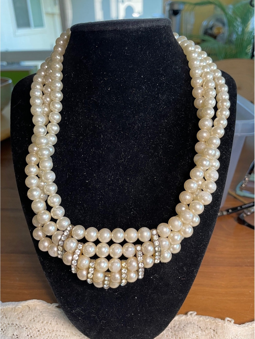 Vintage Pearl Rhinestone 3 Strand Necklace